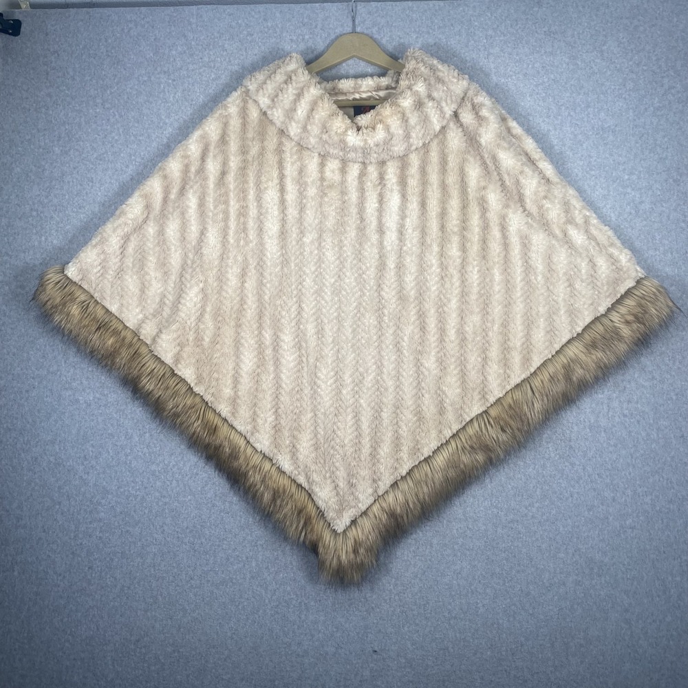 Adrienne Landau Poncho Womens L Cream Faux Fur Trim Ribbed Cowl Neck Wrap